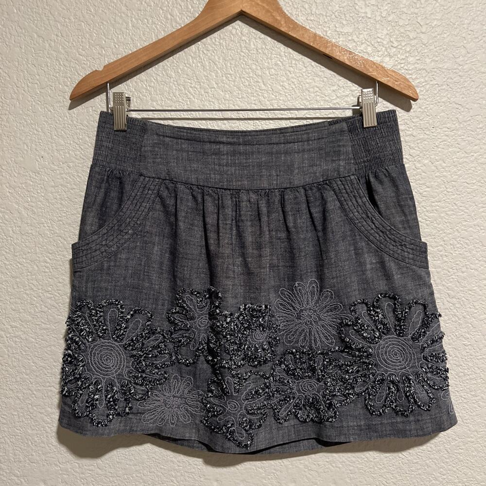 Stooshy Skirt Coastal Cottage Boho Lagenlook Chambray Elastic Waist Embroidered